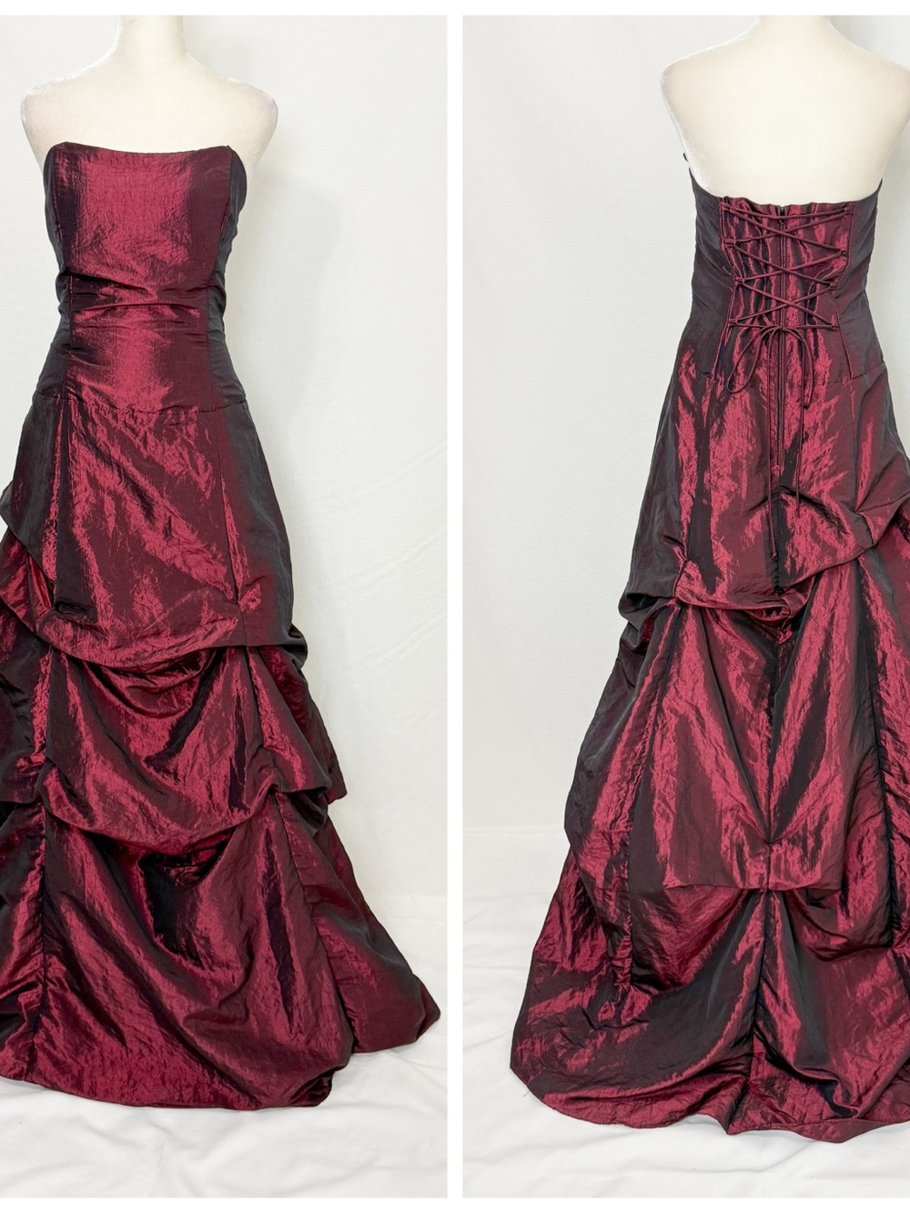Vintage Y2K Strapless Burgundy Prom Gown with Lace-Up Back
